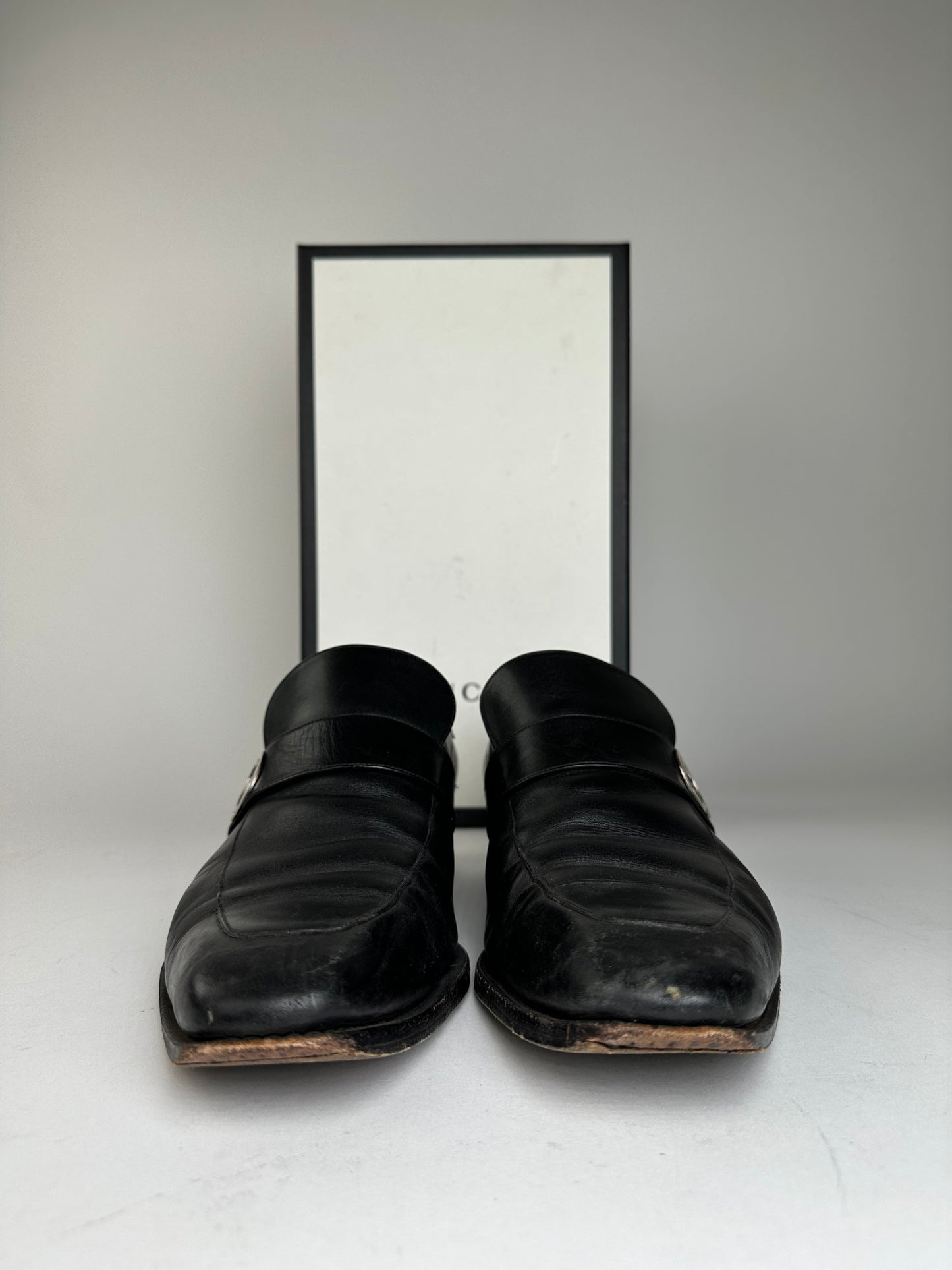 Vintage Gucci Black Leather Loafers with Iconic GG Logo