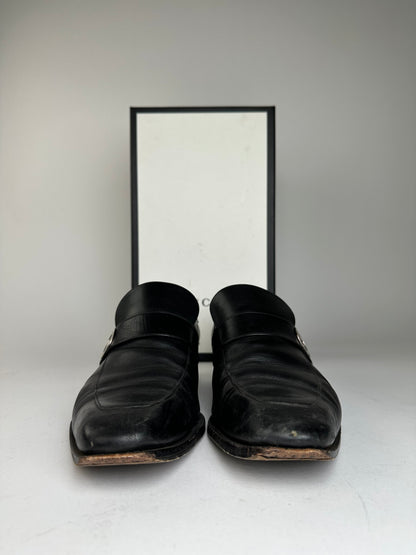 Vintage Gucci Black Leather Loafers with Iconic GG Logo