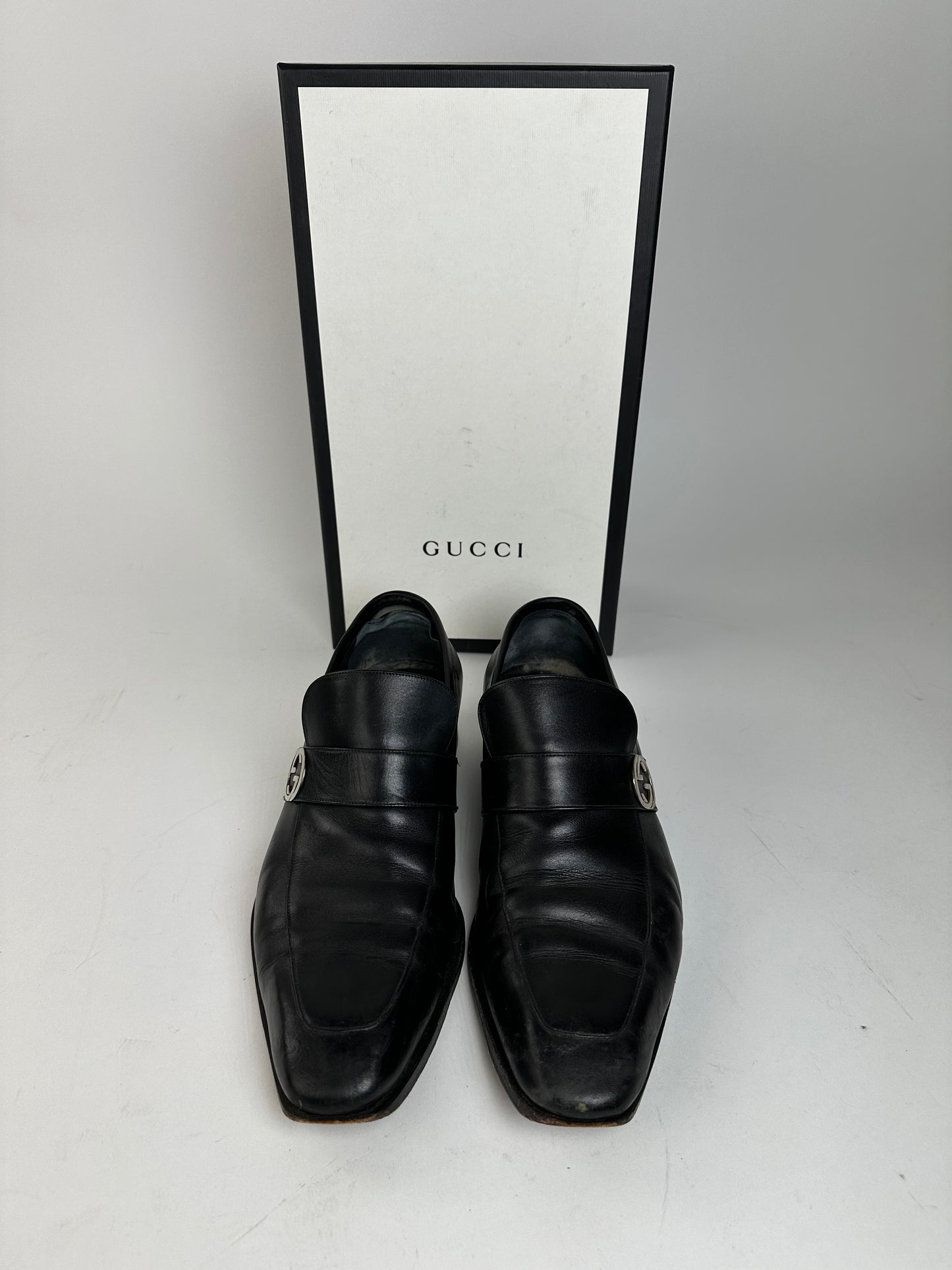 Vintage Gucci Black Leather Loafers with Iconic GG Logo