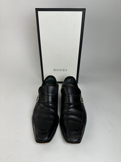 Vintage Gucci Black Leather Loafers with Iconic GG Logo