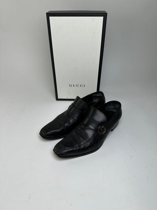 Vintage Gucci Black Leather Loafers with Iconic GG Logo