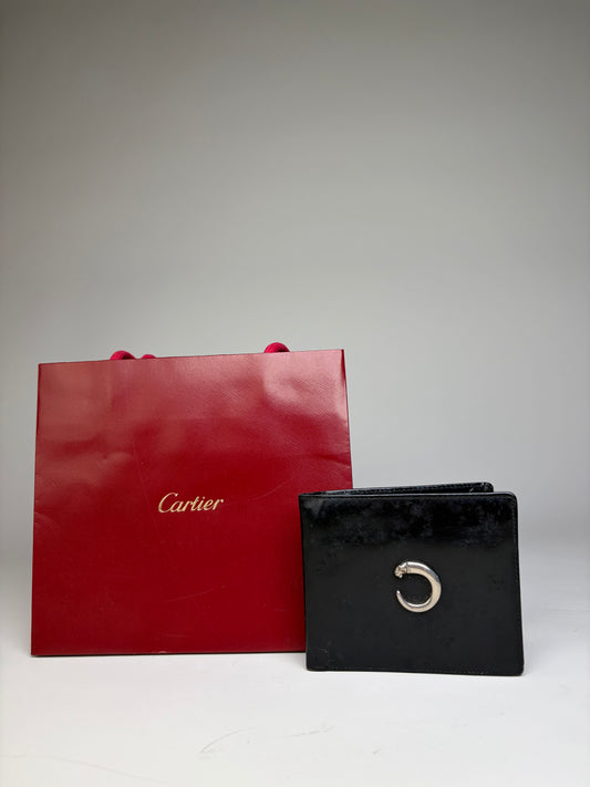 Vintage Cartier Smooth Leather Wallet Black Silver