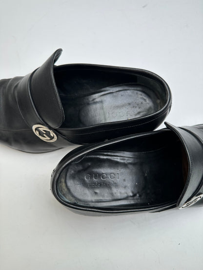 Vintage Gucci Black Leather Loafers with Iconic GG Logo