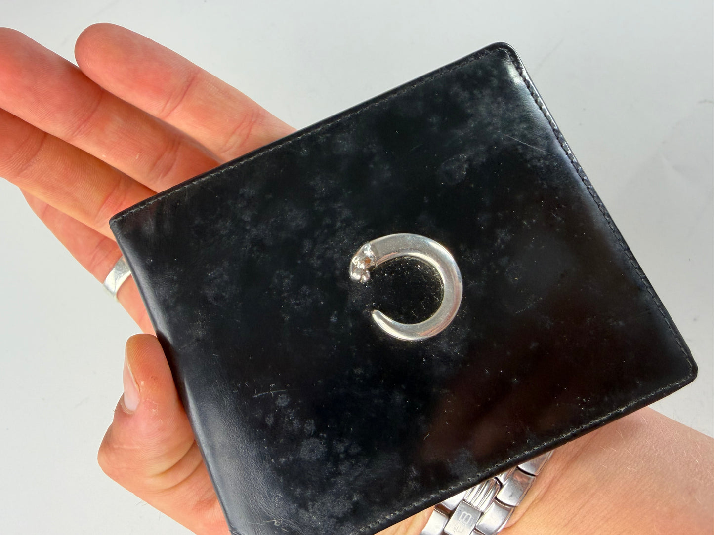 Vintage Cartier Smooth Leather Wallet Black Silver