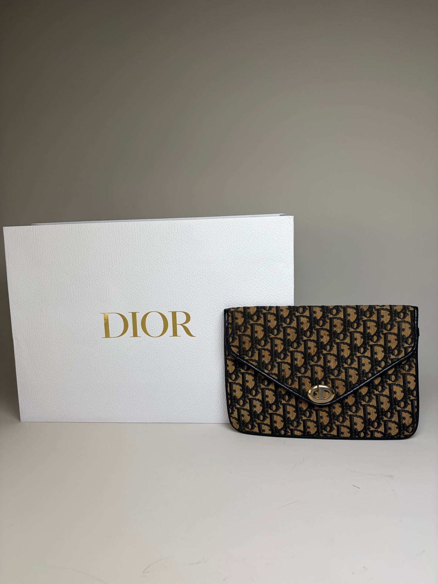Vintage Dior Cannage Canvas Clutch Bag Beige Black Gold