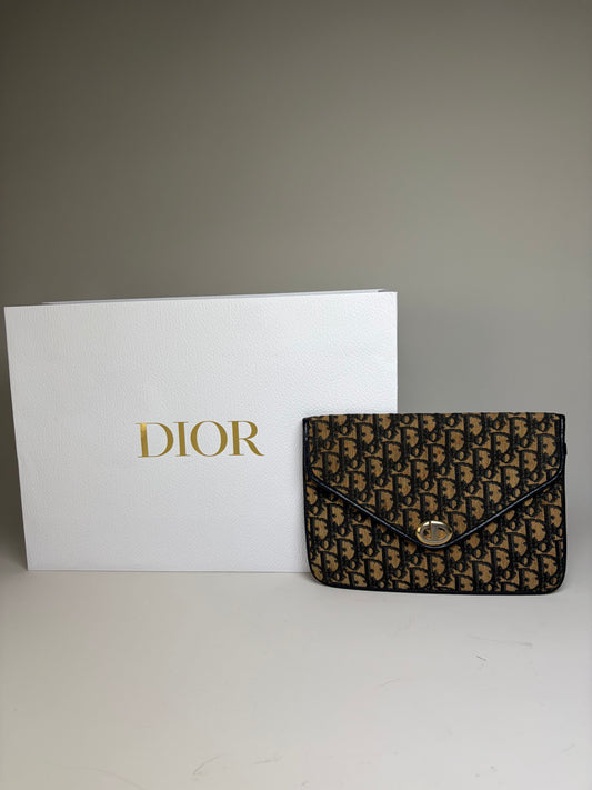 Vintage Dior Cannage Canvas Clutch Bag Beige Black Gold