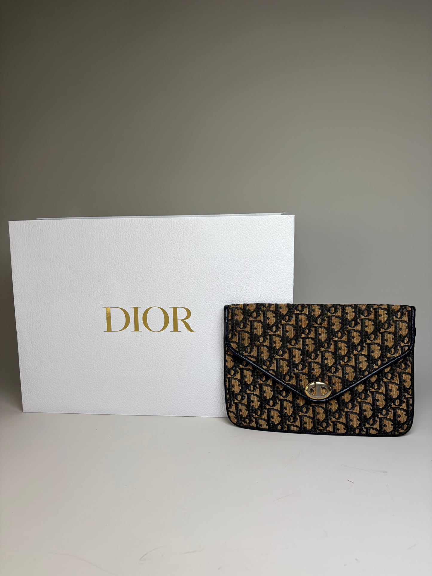 Vintage Dior Cannage Canvas Clutch Bag Beige Black Gold