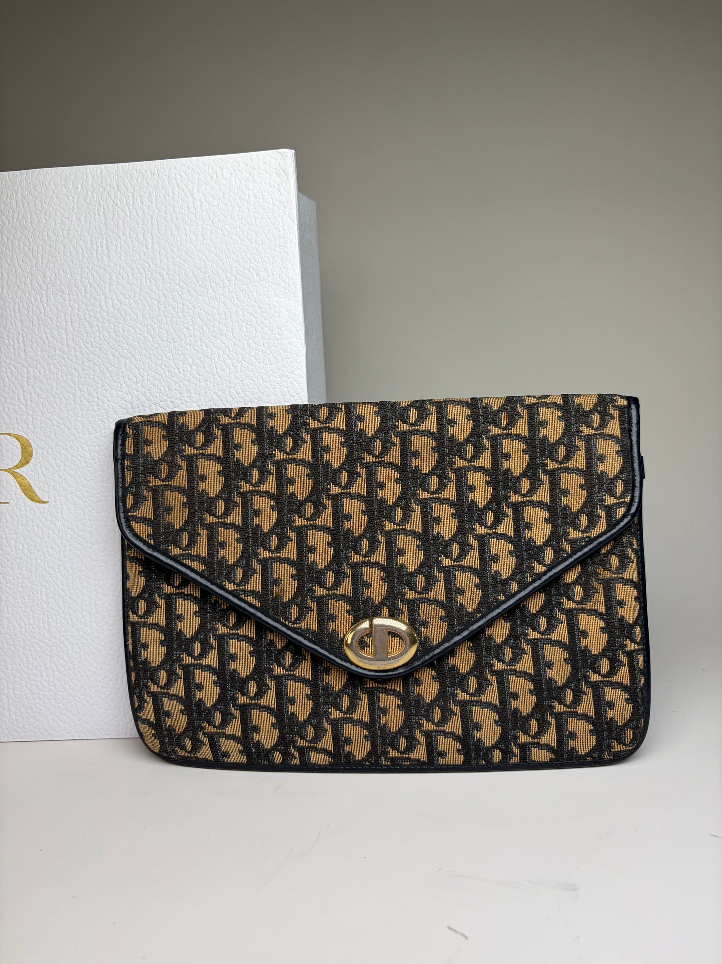 Vintage Dior Cannage Canvas Clutch Bag Beige Black Gold