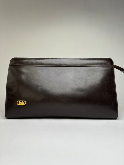 Vintage Celine Smooth Leather Flat Clutch c. 1980s Dark Brown