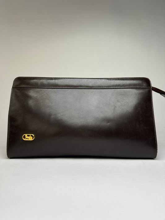 Vintage Celine Smooth Leather Flat Clutch c. 1980s Dark Brown