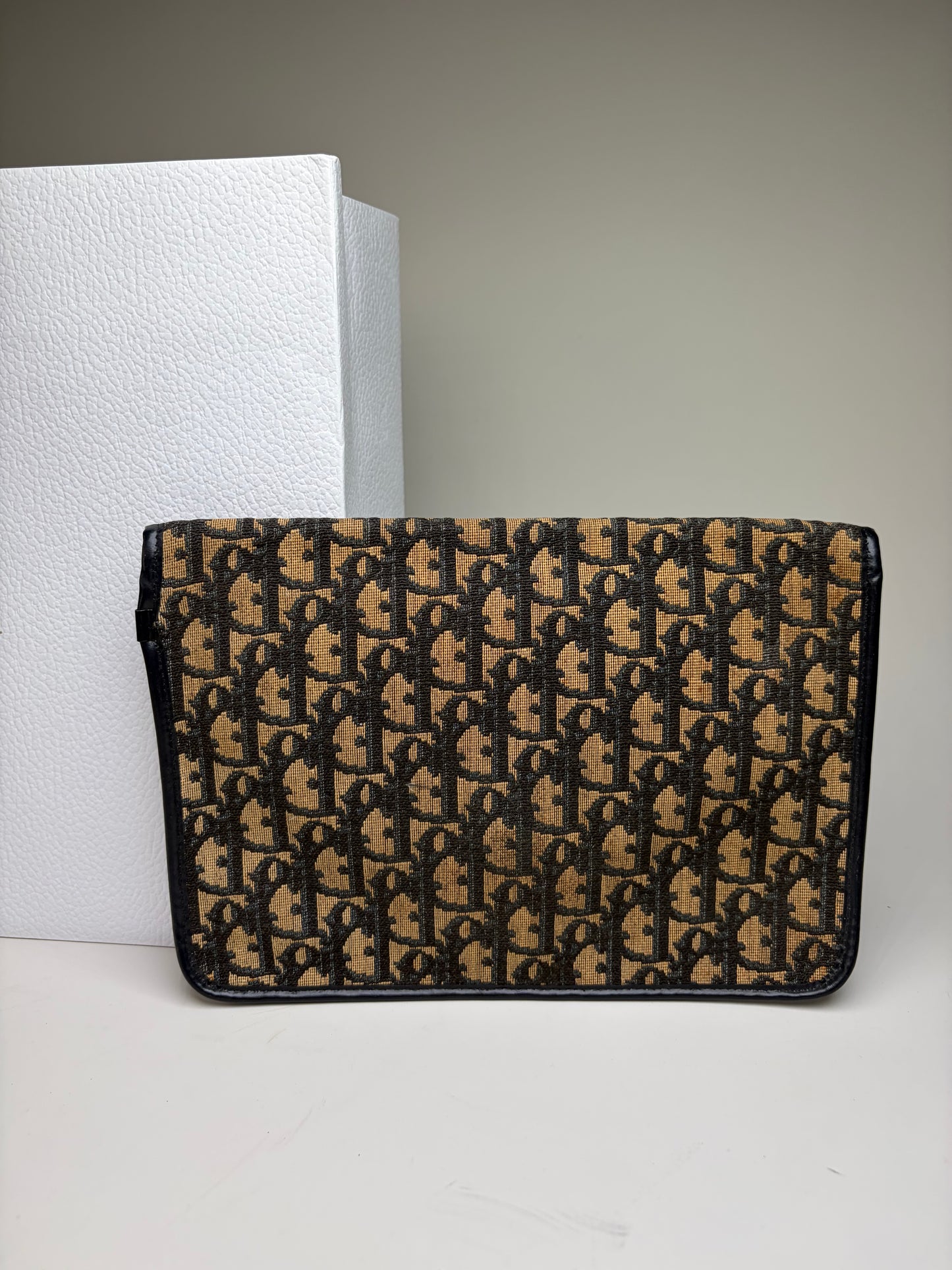 Vintage Dior Cannage Canvas Clutch Bag Beige Black Gold