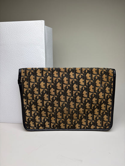 Vintage Dior Cannage Canvas Clutch Bag Beige Black Gold