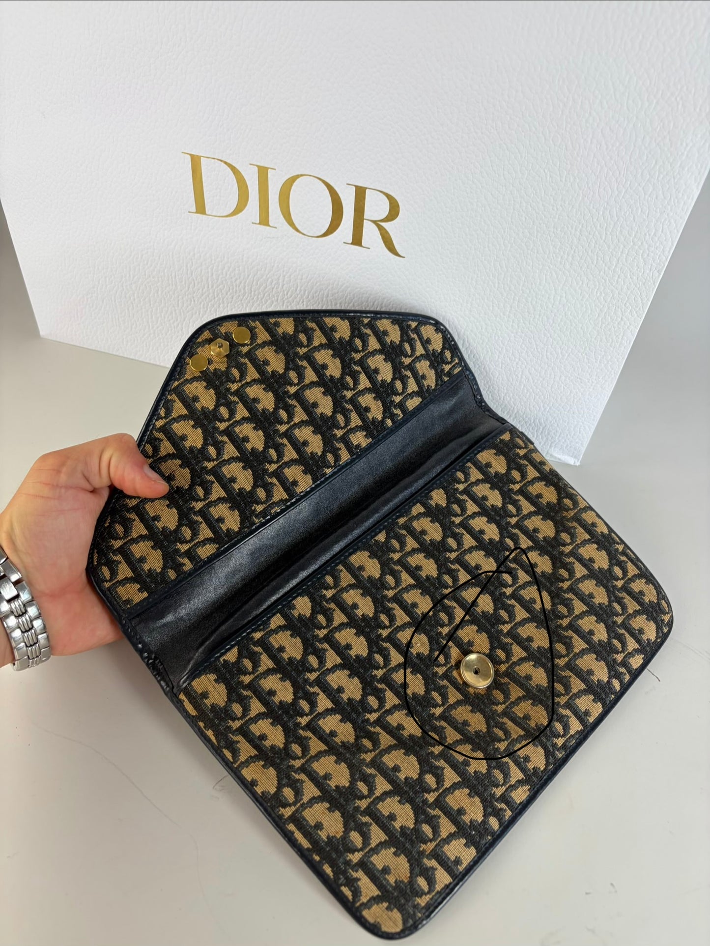 Vintage Dior Cannage Canvas Clutch Bag Beige Black Gold