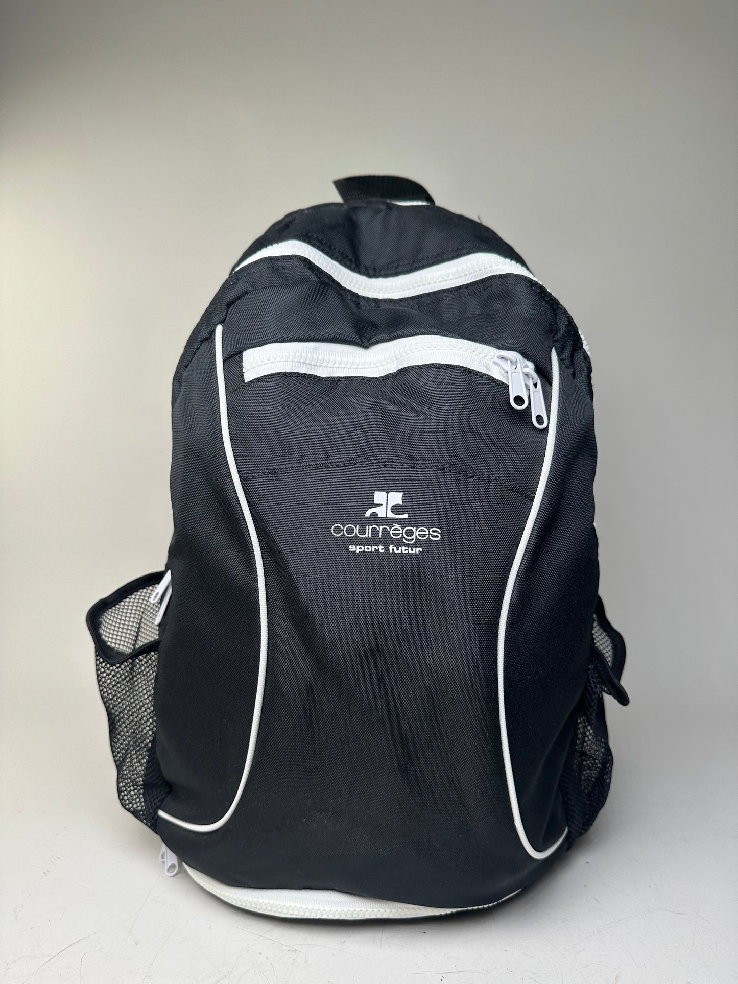 Vintage Courreges Nylon Backpack Black White Silver Zips