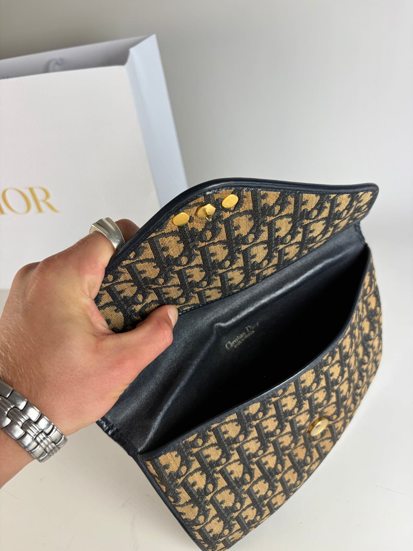 Vintage Dior Cannage Canvas Clutch Bag Beige Black Gold