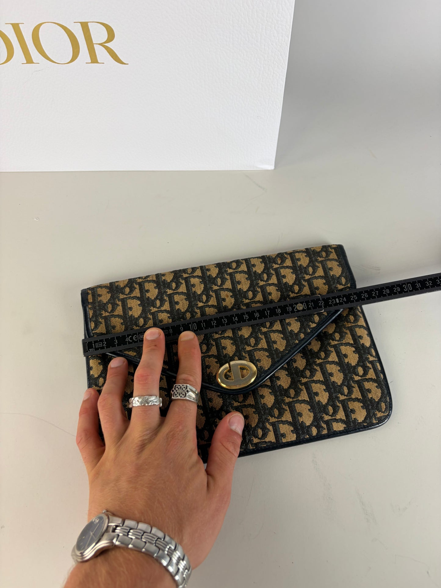 Vintage Dior Cannage Canvas Clutch Bag Beige Black Gold