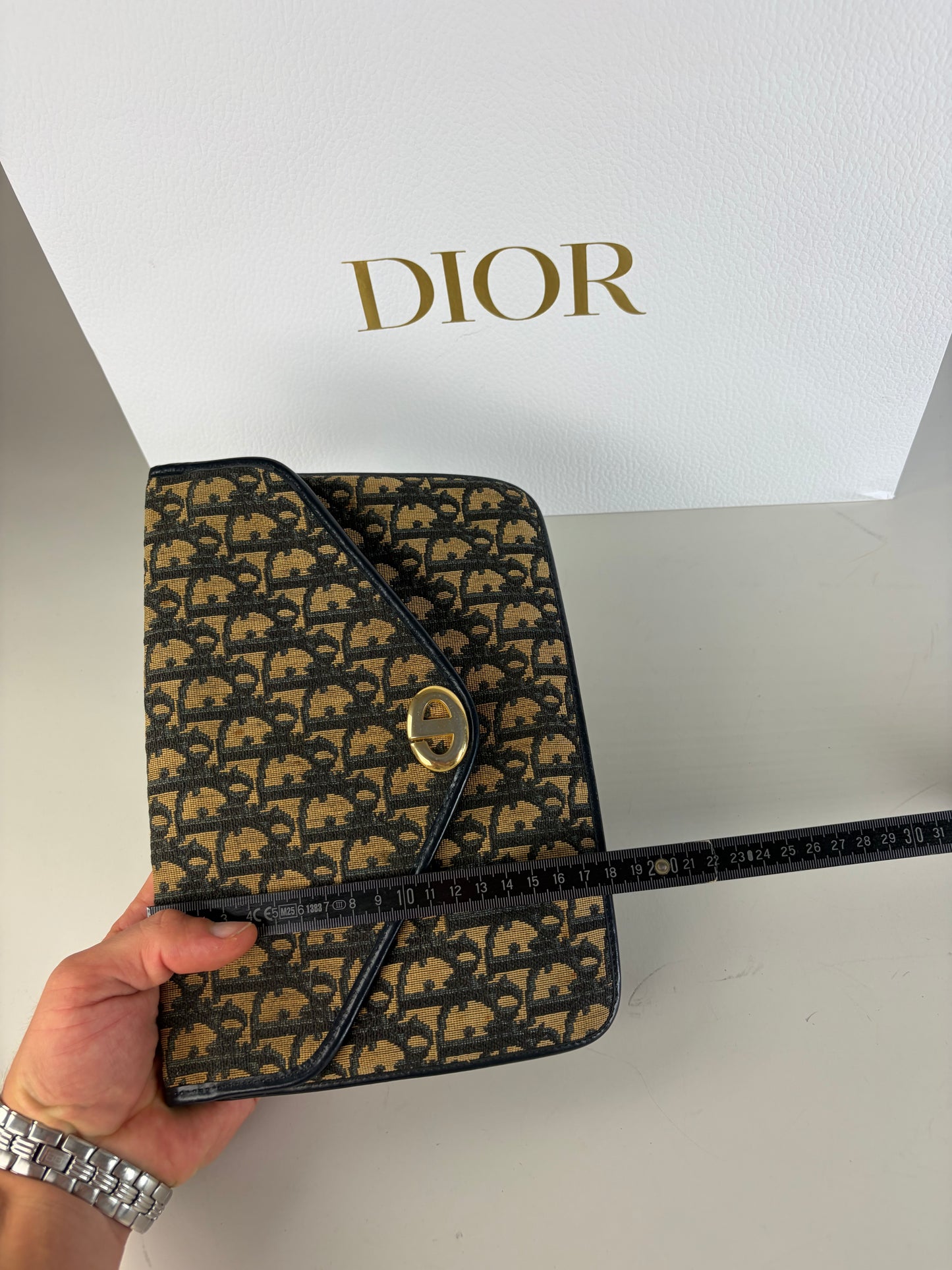 Vintage Dior Cannage Canvas Clutch Bag Beige Black Gold