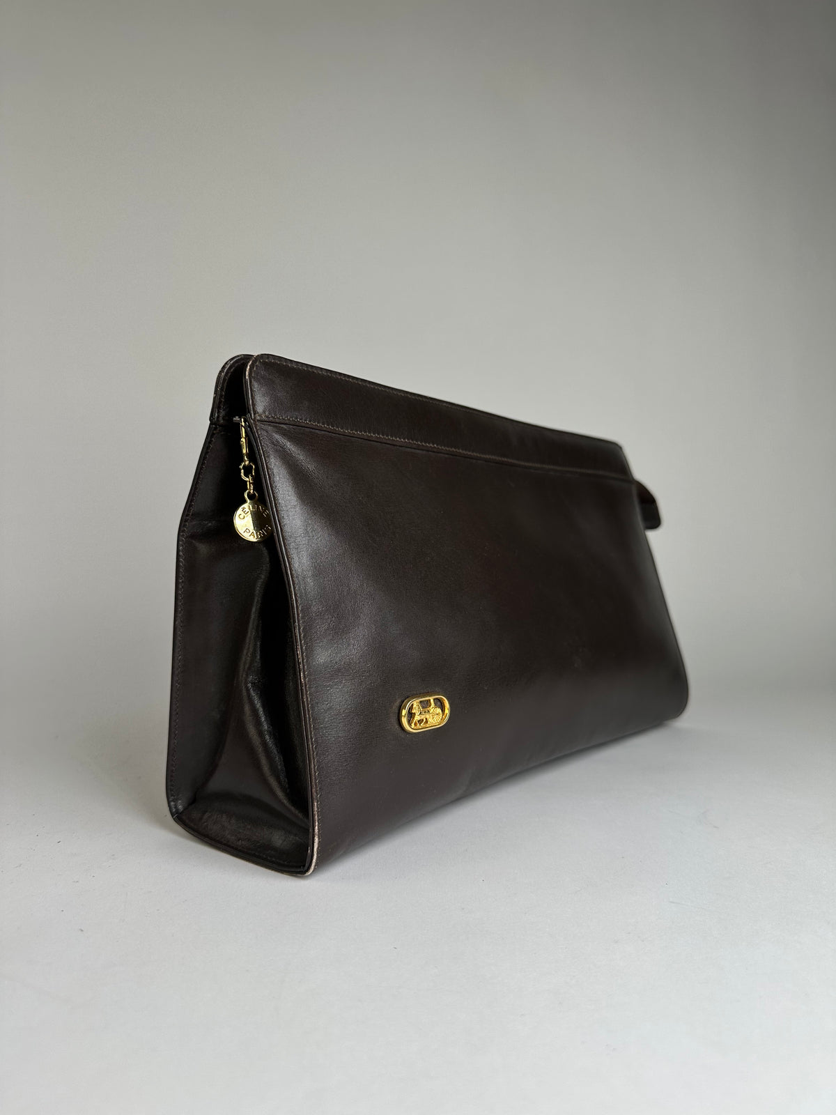 Vintage Celine Smooth Leather Flat Clutch c. 1980s Dark Brown