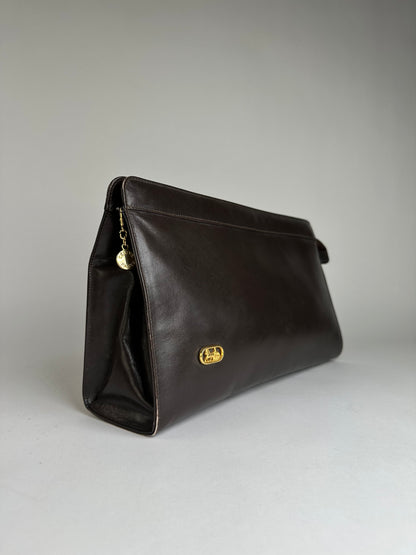 Vintage Celine Smooth Leather Flat Clutch c. 1980s Dark Brown