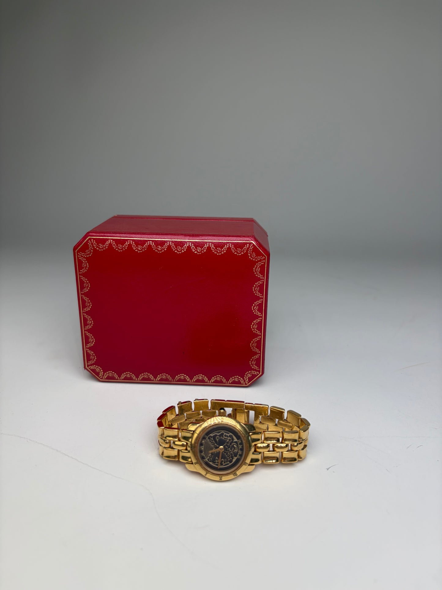 Vintage Fendi Gold-Tone Stainless Steel Bracelet Watch Black Dial