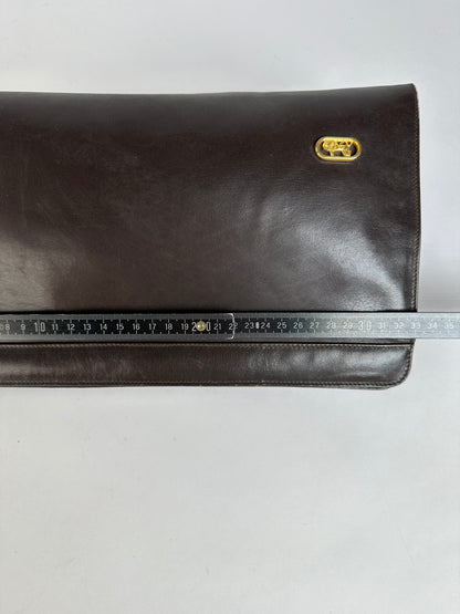 Vintage Celine Smooth Leather Flat Clutch c. 1980s Dark Brown
