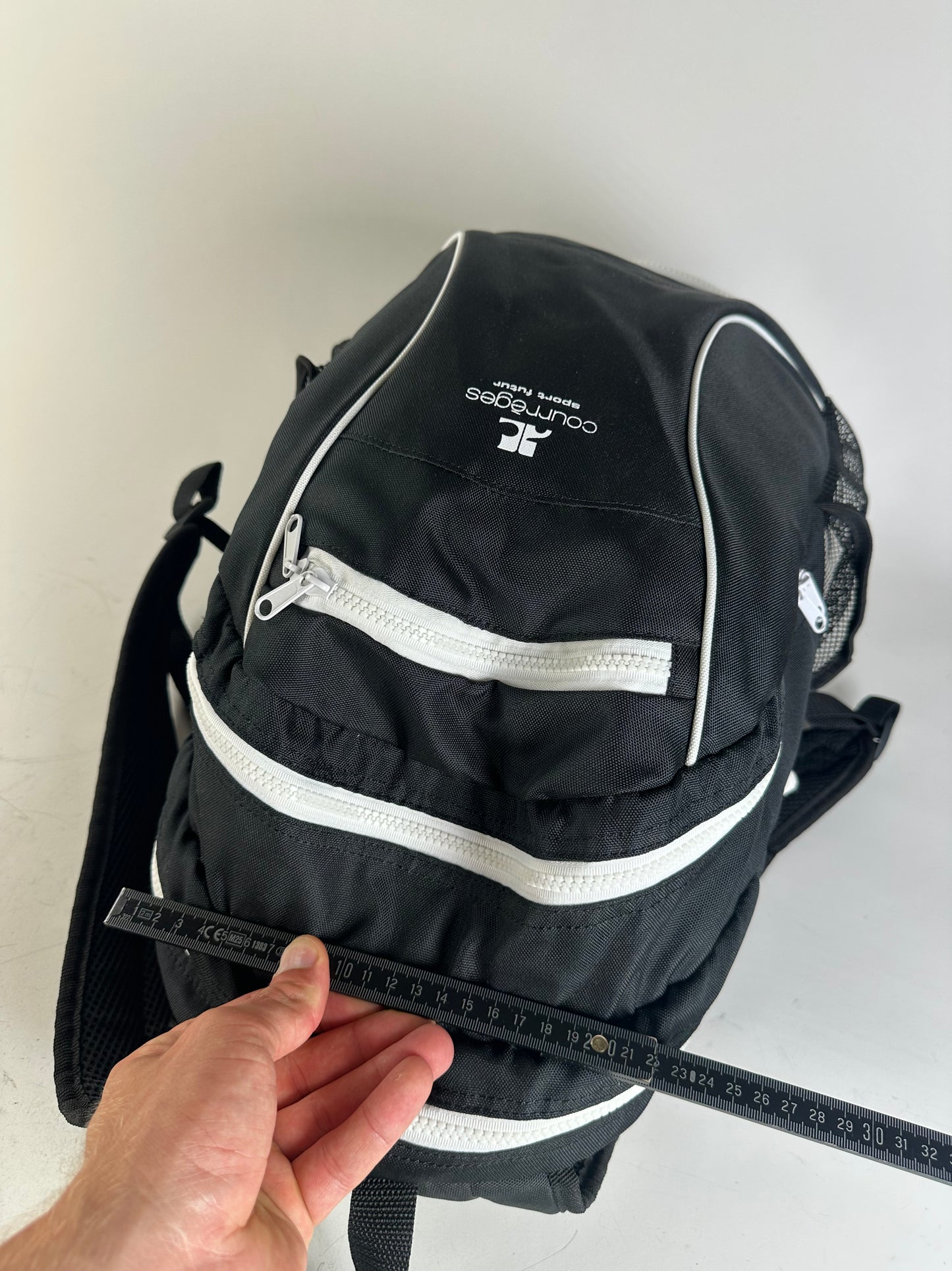 Vintage Courreges Nylon Backpack Black White Silver Zips