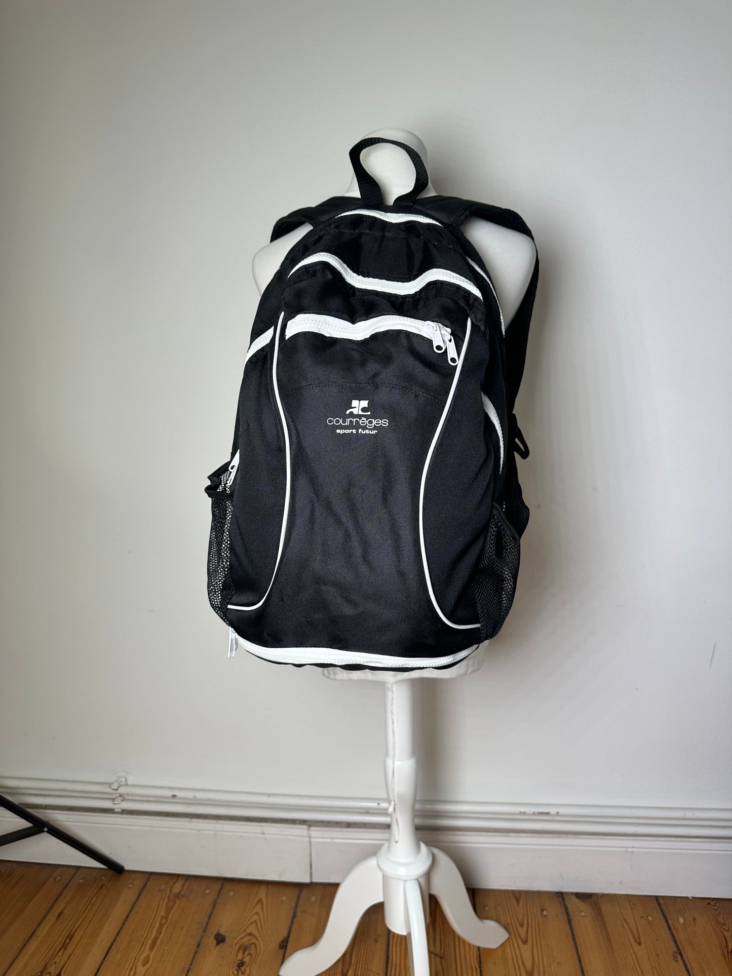 Vintage Courreges Nylon Backpack Black White Silver Zips