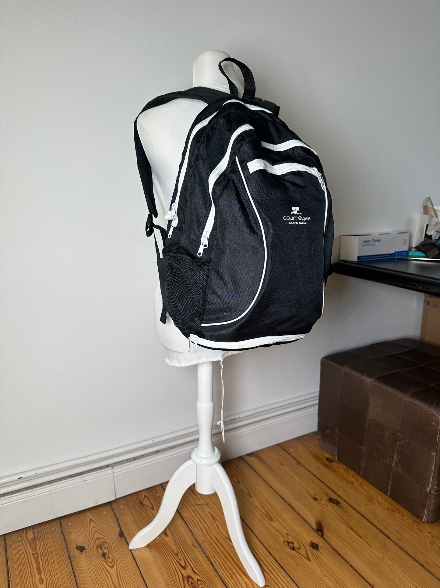 Vintage Courreges Nylon Backpack Black White Silver Zips