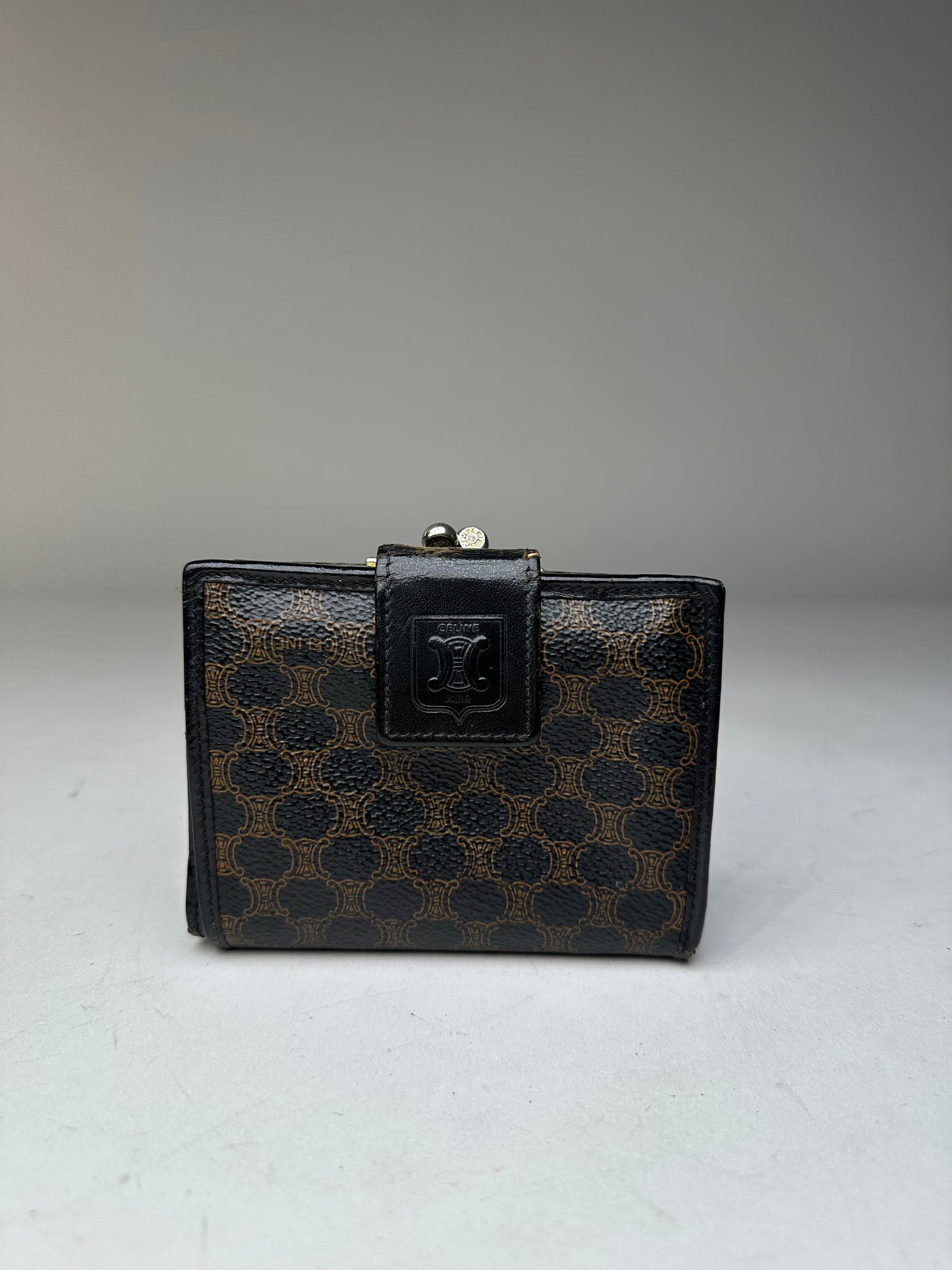 Vintage Celine Paris Triomphe Monogram Leather Wallet Black Brown