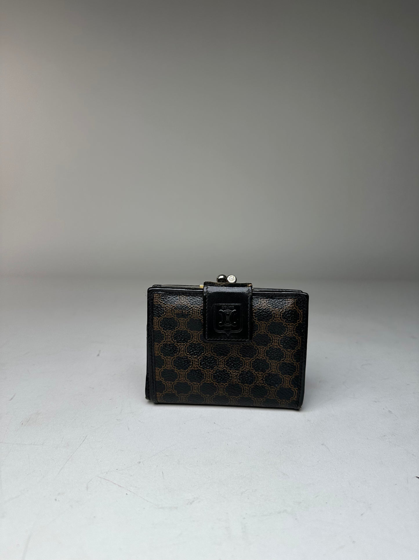 Vintage Celine Paris Triomphe Monogram Leather Wallet Black Brown