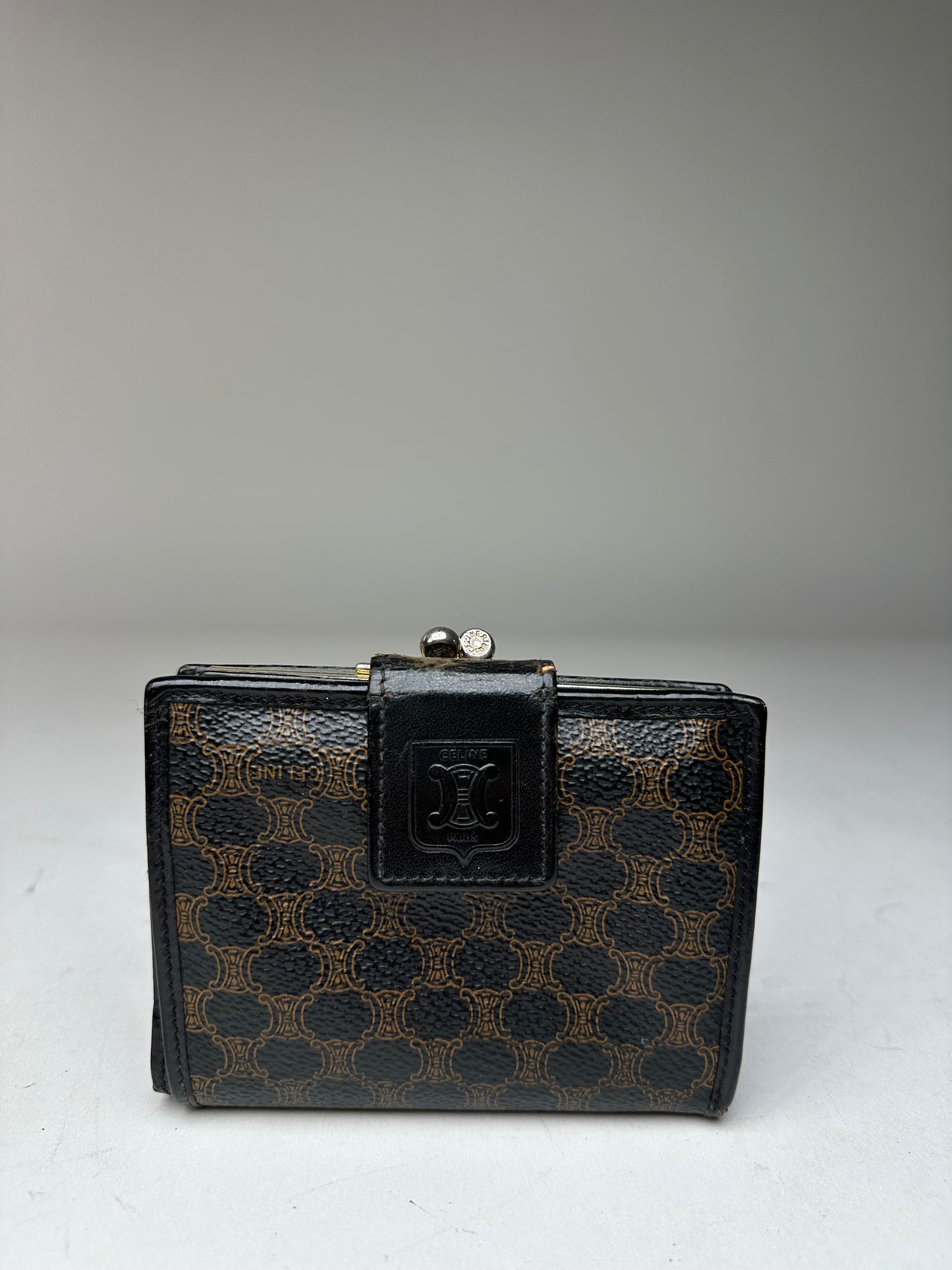 Vintage Celine Paris Triomphe Monogram Leather Wallet Black Brown