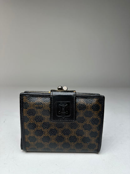 Vintage Celine Paris Triomphe Monogram Leather Wallet Black Brown