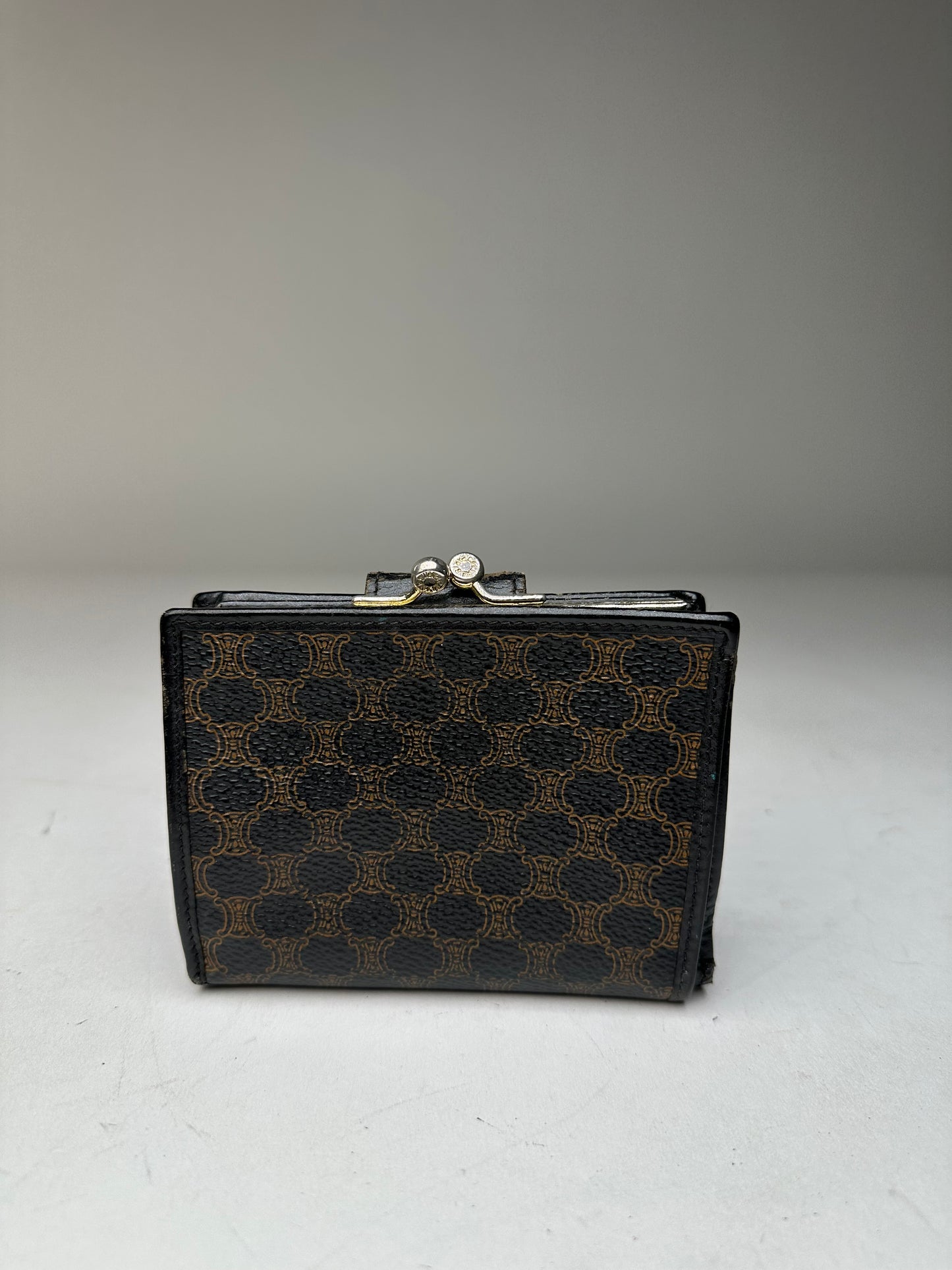 Vintage Celine Paris Triomphe Monogram Leather Wallet Black Brown