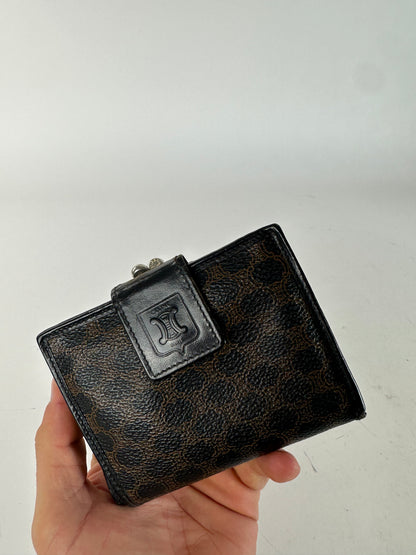 Vintage Celine Paris Triomphe Monogram Leather Wallet Black Brown