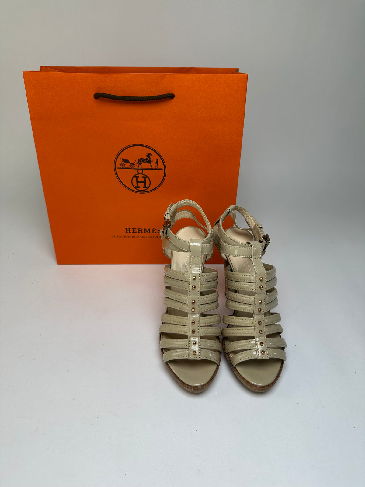 Vintage Hermes Hermès Patent Leather Sandal Heels Beige Pink EU36.5