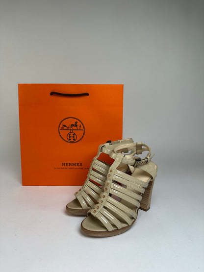 Vintage Hermes Hermès Patent Leather Sandal Heels Beige Pink EU36.5