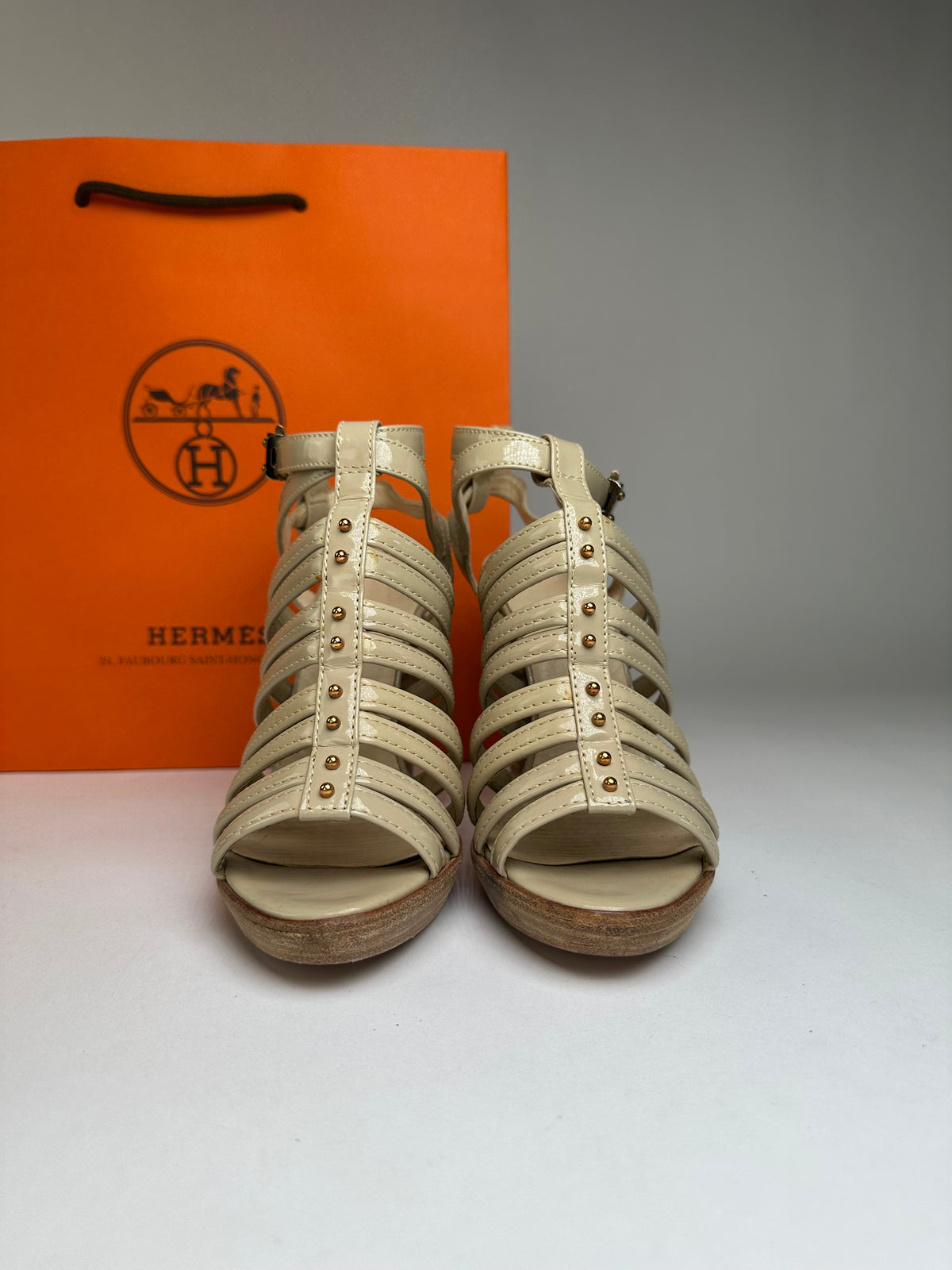 Vintage Hermes Hermès Patent Leather Sandal Heels Beige Pink EU36.5