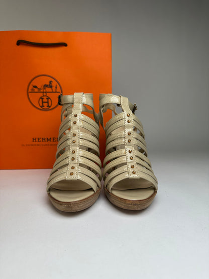 Vintage Hermes Hermès Patent Leather Sandal Heels Beige Pink EU36.5