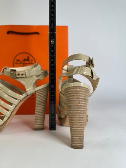 Vintage Hermes Hermès Patent Leather Sandal Heels Beige Pink EU36.5