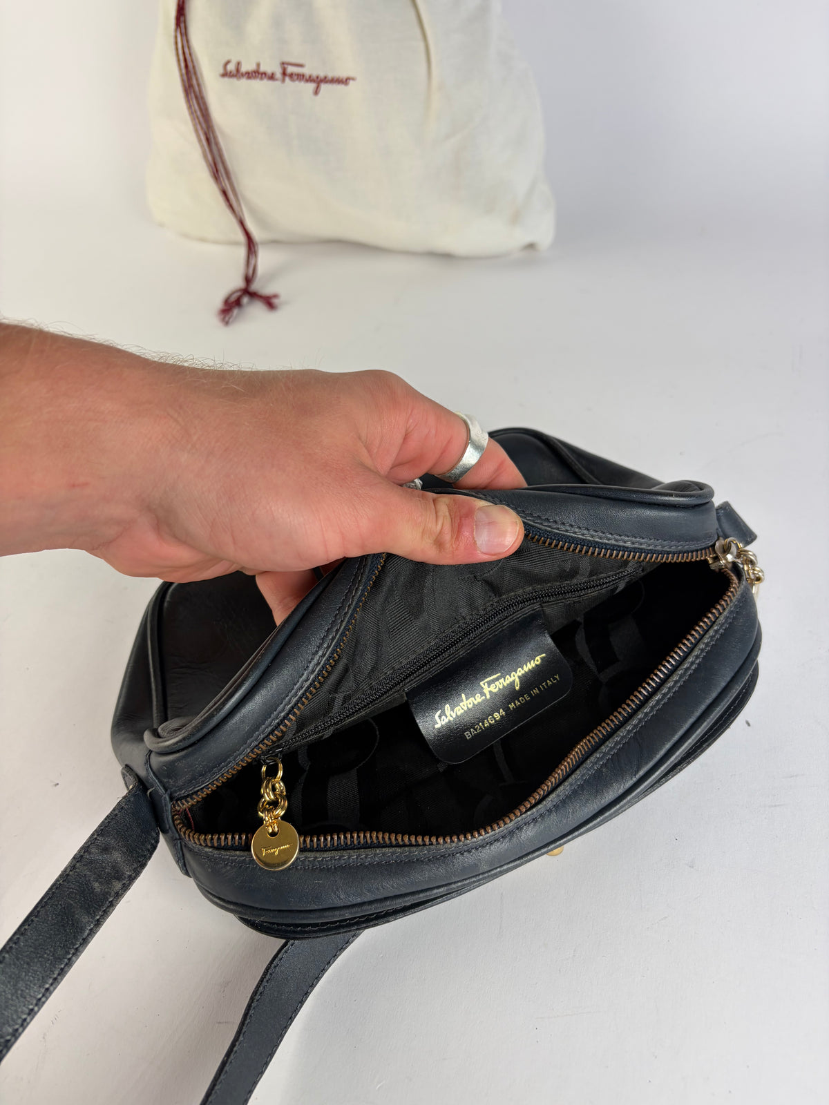 Vintage Salvatore Ferragamo Gancini Flap Crossbody Bag Late 1980s Black
