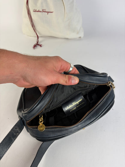 Vintage Salvatore Ferragamo Gancini Flap Crossbody Bag Late 1980s Black