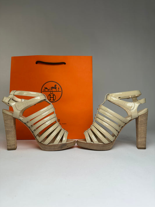 Vintage Hermes Hermès Patent Leather Sandal Heels Beige Pink EU36.5