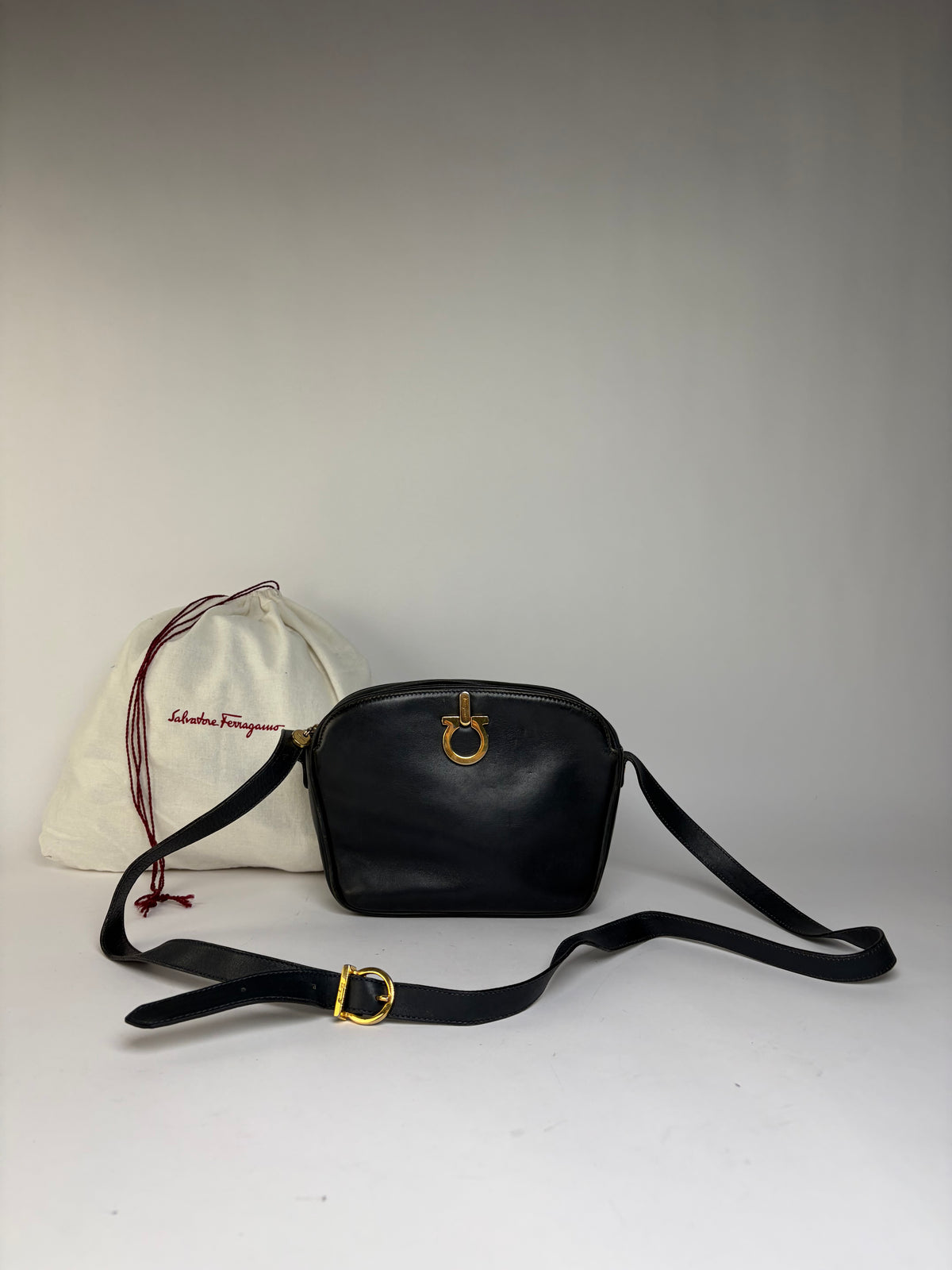 Vintage Salvatore Ferragamo Gancini Flap Crossbody Bag Late 1980s Black
