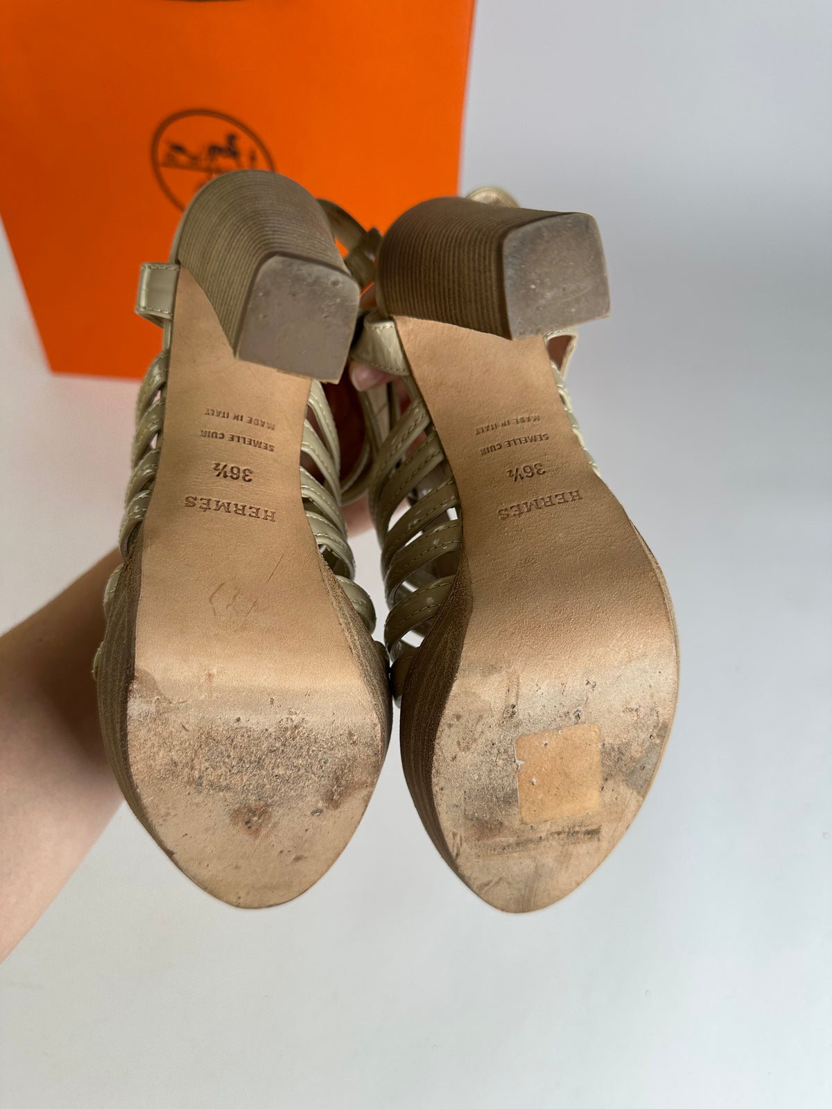 Vintage Hermes Hermès Patent Leather Sandal Heels Beige Pink EU36.5