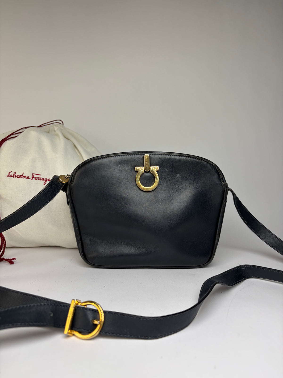 Vintage Salvatore Ferragamo Gancini Flap Crossbody Bag Late 1980s Black