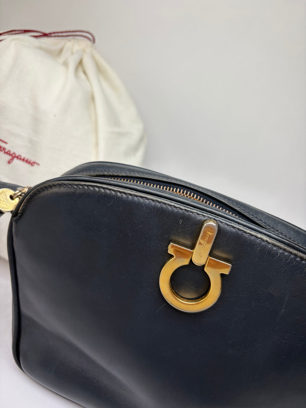 Vintage Salvatore Ferragamo Gancini Flap Crossbody Bag Late 1980s Black
