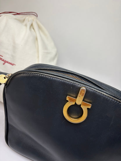 Vintage Salvatore Ferragamo Gancini Flap Crossbody Bag Late 1980s Black