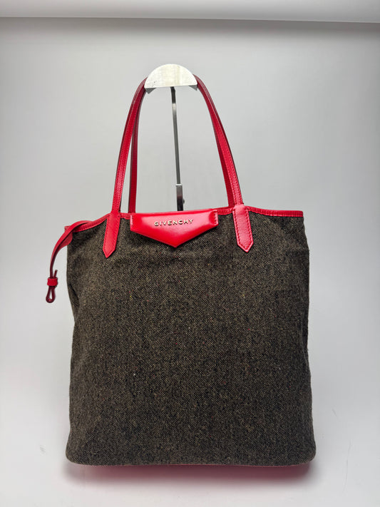 Vintage Givenchy Antigona Wool Patent Leather Tote Bag grey Red