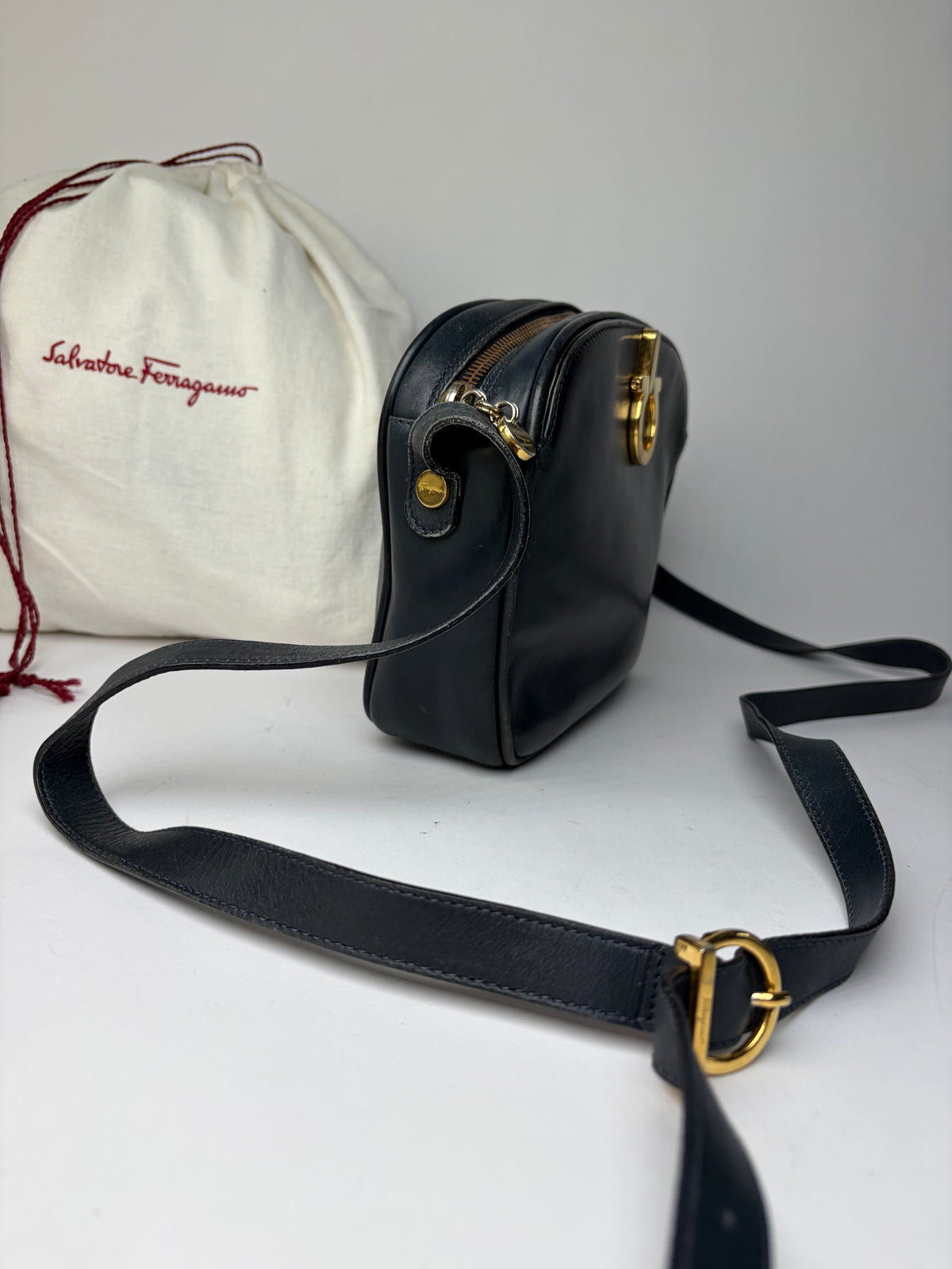 Vintage Salvatore Ferragamo Gancini Flap Crossbody Bag Late 1980s Black