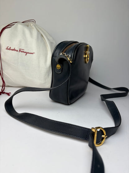Vintage Salvatore Ferragamo Gancini Flap Crossbody Bag Late 1980s Black